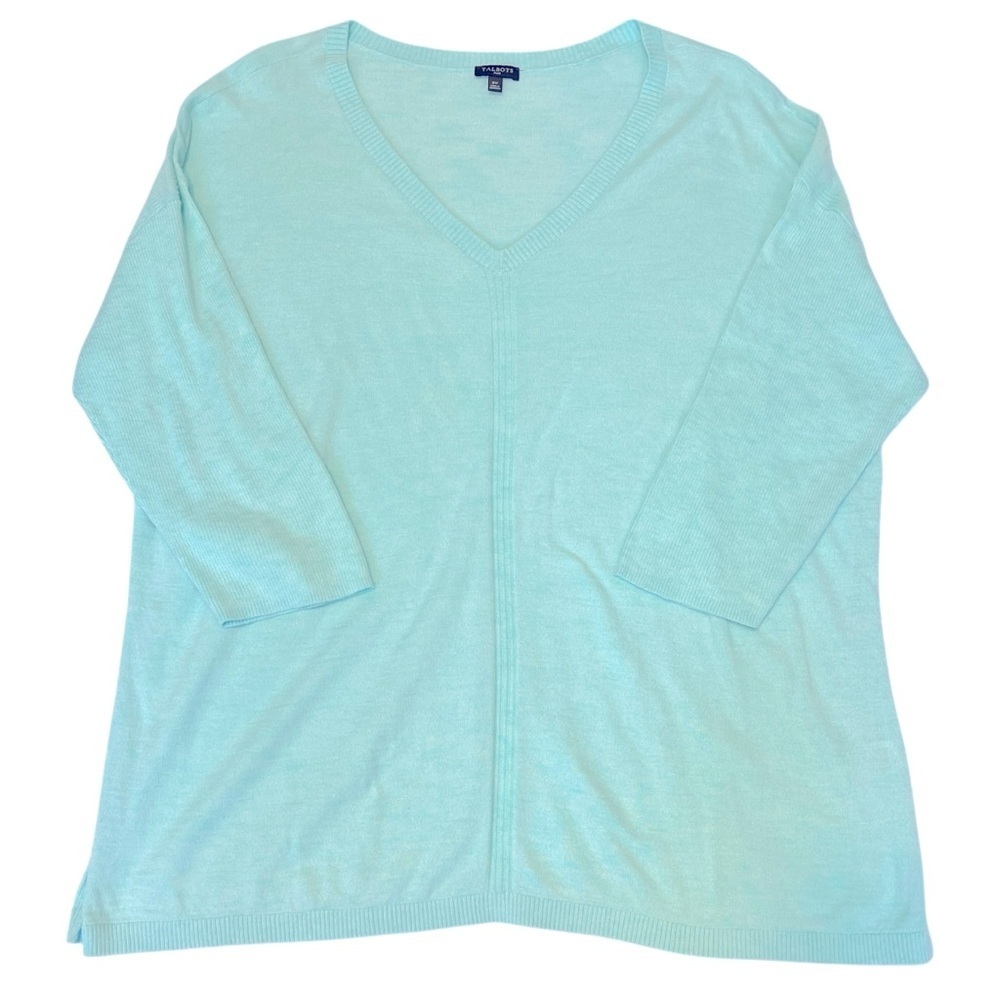 Talbots Plus Women's Light Blue Cotton Knit Spring V-Neck Lightweight Sweater 2X